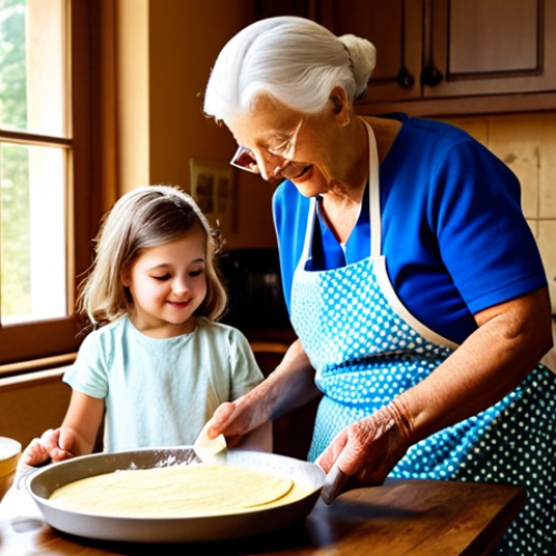 Generational Cooking**

"A heartwarming scene of a grandmother teaching her granddaughter to make crêpes in a cozy, sunlit kitchen. The grandmother is showing the child how to pour batter onto a traditional crêpe pan. Flour dusts the wooden table.  Family photos adorn the walls.  fully clothed, appropriate attire, safe for work, perfect anatomy, natural proportions, family-friendly, professional photography, high quality."

**