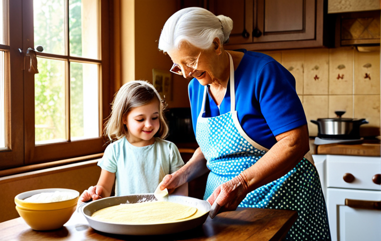 Generational Cooking**

"A heartwarming scene of a grandmother teaching her granddaughter to make crêpes in a cozy, sunlit kitchen. The grandmother is showing the child how to pour batter onto a traditional crêpe pan. Flour dusts the wooden table.  Family photos adorn the walls.  fully clothed, appropriate attire, safe for work, perfect anatomy, natural proportions, family-friendly, professional photography, high quality."

**