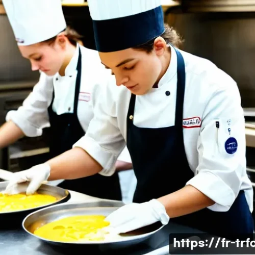 전통음식조리사 관련 학원 선택 요령 - A vibrant, high-angle shot inside a state-of-the-art professional kitchen at a prestigious French cu...