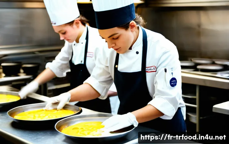 전통음식조리사 관련 학원 선택 요령 - A vibrant, high-angle shot inside a state-of-the-art professional kitchen at a prestigious French cu...
