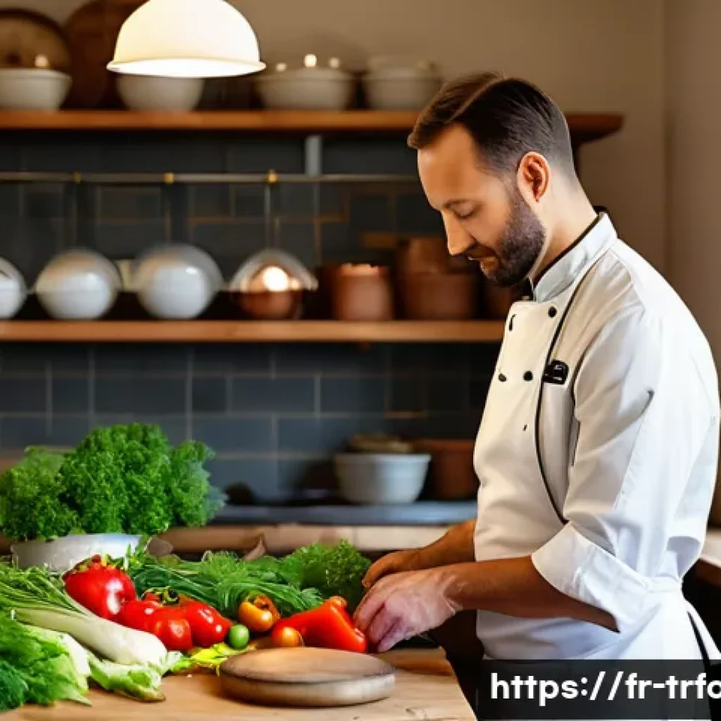 전통음식조리사 취업 성공 사례 - A professional French chef in a traditional kitchen preparing a classic dish using fresh, seasonal l...