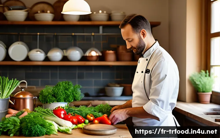 전통음식조리사 취업 성공 사례 - A professional French chef in a traditional kitchen preparing a classic dish using fresh, seasonal l...