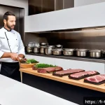 Home 19 전통음식조리사 관련 실무 트렌드 - A refined modern French bistro kitchen scene showcasing a chef preparing traditional beef bourguigno...