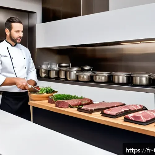 Home 31 전통음식조리사 관련 실무 트렌드 - A refined modern French bistro kitchen scene showcasing a chef preparing traditional beef bourguigno...