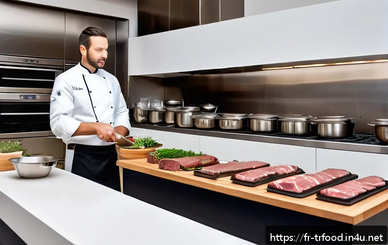 전통음식조리사 관련 실무 트렌드 - A refined modern French bistro kitchen scene showcasing a chef preparing traditional beef bourguigno...