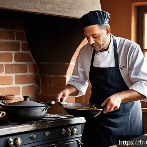 Home 30 전통음식조리사 실무 경험 공유 - A cozy, rustic French kitchen scene featuring a chef gently stirring a slow-cooked beef bourguignon ...
