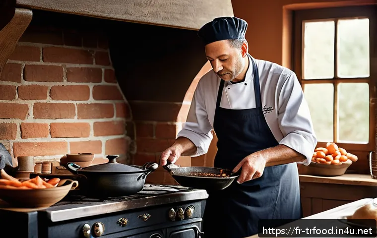 전통음식조리사 실무 경험 공유 - A cozy, rustic French kitchen scene featuring a chef gently stirring a slow-cooked beef bourguignon ...