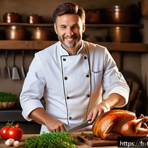 Home 17 전통음식조리사의 주요 업무 영역 - A traditional French chef in a classic rustic kitchen, expertly carving a whole roasted poultry with...