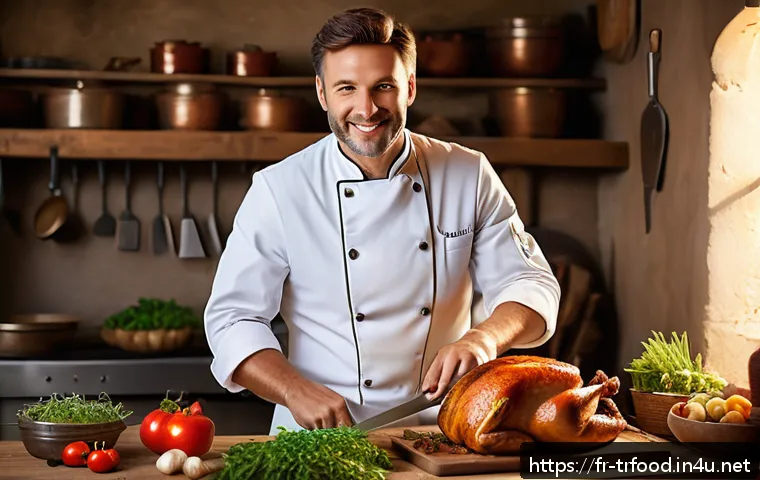 전통음식조리사의 주요 업무 영역 - A traditional French chef in a classic rustic kitchen, expertly carving a whole roasted poultry with...