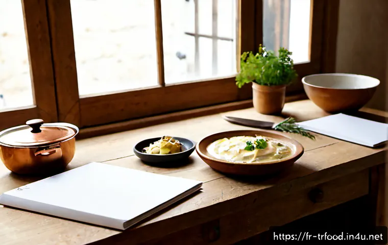 전통음식조리사의 취업 포트폴리오 작성법 - Photorealistic editorial still life of a French traditional cuisine chef employment portfolio arrang...