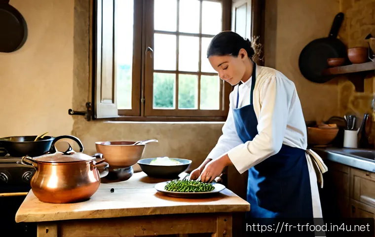 전통음식조리사 직업 준비생을 위한 조언 - Photorealistic French culinary apprentice in a traditional regional kitchen, carefully preparing cla...