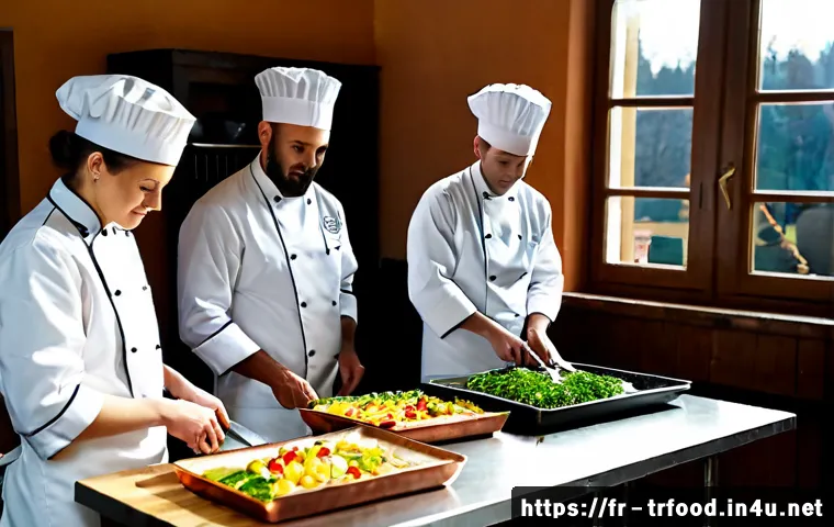 전통음식조리사 교육과정에서 배우는 것 - Photorealistic French culinary school kitchen, adult students in clean chef jackets learning classic...