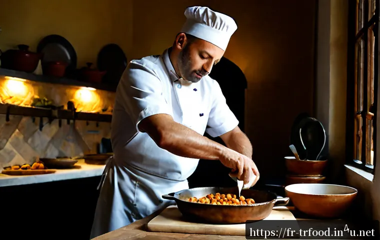 전통음식조리사의 직업 윤리 - Photorealistic French traditional kitchen, an experienced chef in clean white workwear and apron car...